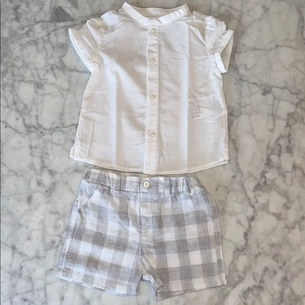 Mayoral Baby White & Gray Plaid Outfit 6/9M
